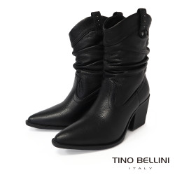 TINO BELLINI 貝里尼 巴西進口 真皮 褶皺造型 牛仔短靴 FWUT005-1(黑色)