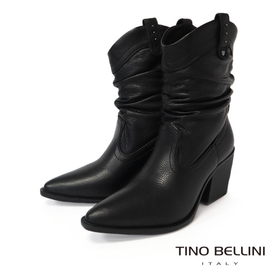 TINO BELLINI 貝里尼 巴西進口 真皮 褶皺造型 牛仔短靴 FWUT005-1(黑色)