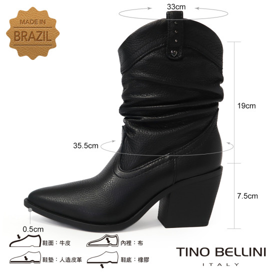 TINO BELLINI 貝里尼 巴西進口 真皮 褶皺造型 牛仔短靴 FWUT005-1(黑色)