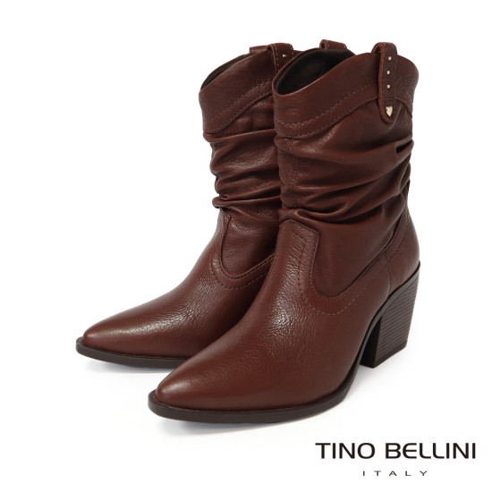 TINO BELLINI 貝里尼 巴西進口 真皮 褶皺造型 牛仔短靴 FWUT005-6(咖色)