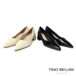 TINO BELLINI 貝里尼 巴西進口 真皮 尖頭 粗跟 包鞋 FSCV011A-R(米白色)