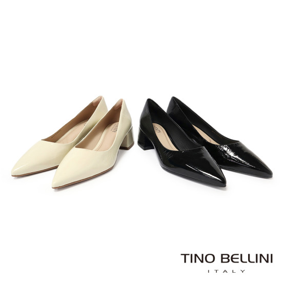TINO BELLINI 貝里尼 巴西進口 真皮 尖頭 粗跟 包鞋 FSCV011A-R(米白色)