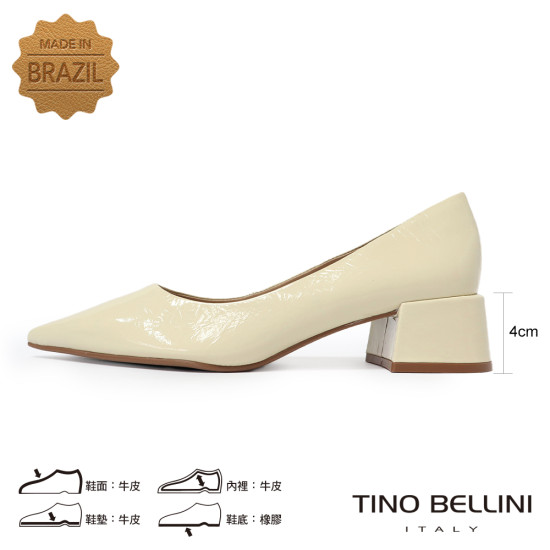 TINO BELLINI 貝里尼 巴西進口 真皮 尖頭 粗跟 包鞋 FSCV011A-R(米白色)