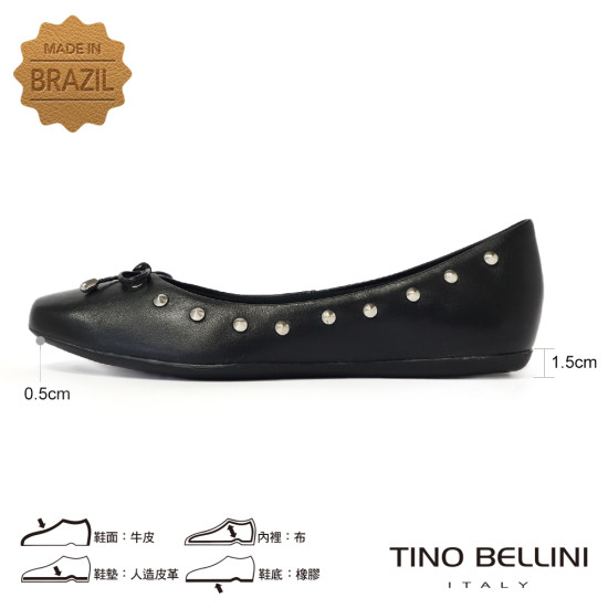 TINO BELLINI 貝里尼 巴西進口 蝴蝶 鉚釘 真皮 平底 娃娃鞋 FWBV040-1(黑色)