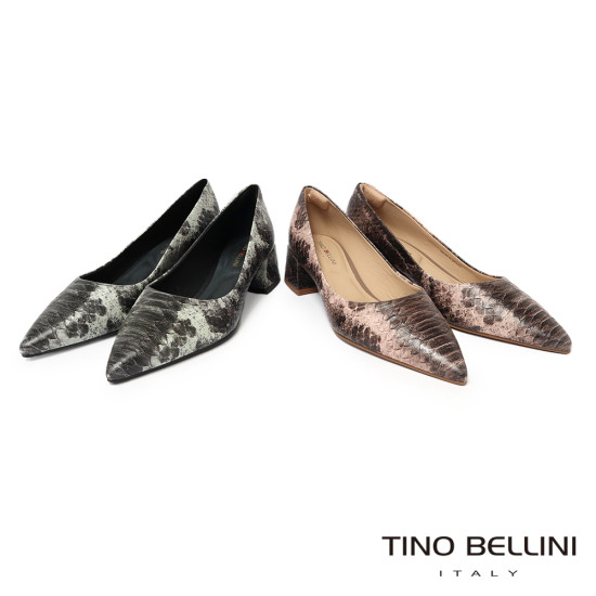 TINO BELLINI 貝里尼 巴西進口 深色 蛇皮紋 方頭 低跟 包鞋 FWCT038-9(灰色)