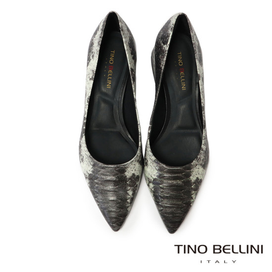 TINO BELLINI 貝里尼 巴西進口 深色 蛇皮紋 方頭 低跟 包鞋 FWCT038-E(灰色)