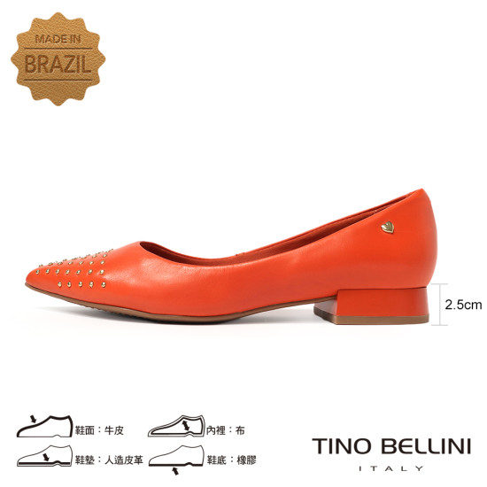 TINO BELLINI 貝里尼 巴西進口 鉚釘造型 尖頭 低跟鞋 FWCV043-Q(橘色)
