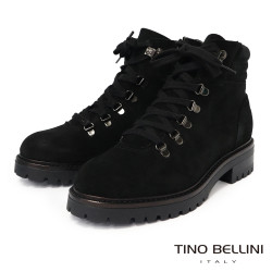 【TINO BELLINI 貝里尼】麂皮 個性 帥氣 綁帶造型 短筒靴FWMT013-1(黑色)