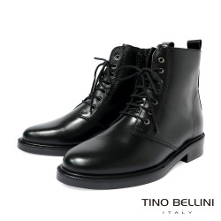 TINO BELLINI 貝里尼 真皮 帥氣 短筒 平底 軍靴 FWMT015-1(黑色)