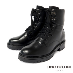 TINO BELLINI 貝里尼 真皮帥氣中筒平底軍靴FWMV017-1(黑色)
