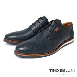 【TINO BELLINI 貝里尼】細緻壓紋真皮綁帶休閒男鞋德比鞋HM4T031-4(深藍)