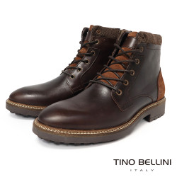 【TINO BELLINI 貝里尼】帥氣個性拚接真皮綁帶休閒男馬汀靴HM5T022-6(深咖啡色)