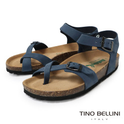 TINO BELLINI 貝里尼 歐洲進口 BIONATURA 腳床舒適鞋 真皮 軟木軟底 夾腳 涼拖鞋 FSJB002-4(藍色)