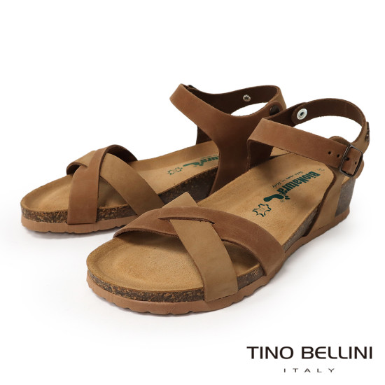 TINO BELLINI 貝里尼 歐洲進口 BIONATURA 腳床舒適鞋 真皮 交叉造型 軟木軟底 涼拖鞋 FSNB002-9(駝色)