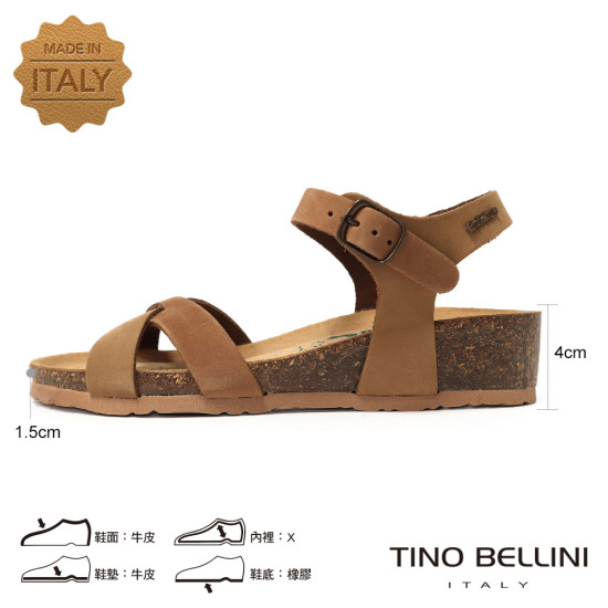 TINO BELLINI 貝里尼 歐洲進口 BIONATURA 腳床舒適鞋 真皮 交叉造型 軟木軟底 涼拖鞋 FSNB002-9(駝色)