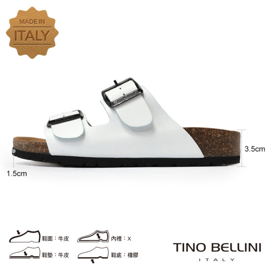 TINO BELLINI 貝里尼 歐洲進口 BIONATURA 腳床舒適鞋 真皮 雙飾扣造型 軟木軟底 拖鞋FSQB001-0