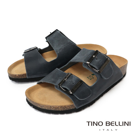TINO BELLINI 貝里尼 歐洲進口 BIONATURA 腳床舒適鞋 真皮 雙飾扣造型 軟木軟底 拖鞋 FSQB001-V(藍瘋色)