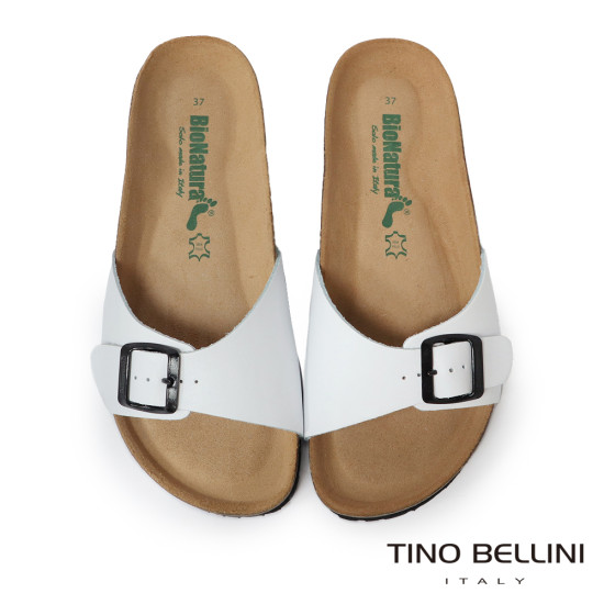 TINO BELLINI 貝里尼 歐洲進口 BIONATURA 腳床舒適鞋 真皮 飾扣造型 軟木軟底 拖鞋 FSQB002-0(白色)