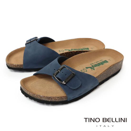 TINO BELLINI 貝里尼 歐洲進口 BIONATURA 腳床舒適鞋 真皮 飾扣造型 軟木軟底 拖鞋 FSQB002-4(藍色)