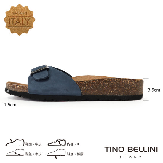 TINO BELLINI 貝里尼 歐洲進口 BIONATURA 腳床舒適鞋 真皮 飾扣造型 軟木軟底 拖鞋 FSQB002-4(藍色)
