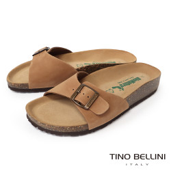 TINO BELLINI 貝里尼 歐洲進口 BIONATURA 腳床舒適鞋 真皮 飾扣造型 軟木軟底 拖鞋 FSQB002-9(駝色)