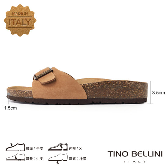 TINO BELLINI 貝里尼 歐洲進口 BIONATURA 腳床舒適鞋 真皮 飾扣造型 軟木軟底 拖鞋 FSQB002-9(駝色)