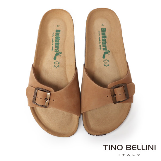 TINO BELLINI 貝里尼 歐洲進口 BIONATURA 腳床舒適鞋 真皮 飾扣造型 軟木軟底 拖鞋 FSQB002-9(駝色)