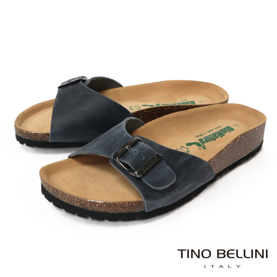TINO BELLINI 貝里尼 歐洲進口 BIONATURA 腳床舒適鞋 真皮 飾扣造型 軟木軟底 拖鞋 FSQB002-V(藍瘋色)
