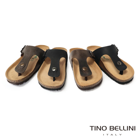 TINO BELLINI 貝里尼 歐洲進口 BIONATURA 腳床舒適鞋 真皮 飾扣造型 軟木軟底 夾腳拖鞋 FSQB003-U(黑瘋色)