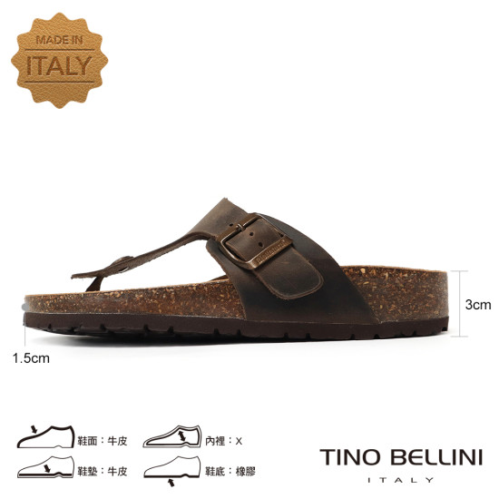 TINO BELLINI 貝里尼 歐洲進口 BIONATURA 腳床舒適鞋 真皮 飾扣造型 軟木軟底 夾腳拖鞋 FSQB003-W(咖瘋色)