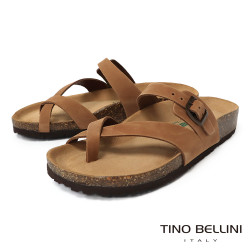 TINO BELLINI 貝里尼 歐洲進口 BIONATURA 腳床舒適鞋 真皮 撞色 飾扣造型 軟木軟底 夾腳拖鞋 FSQB004-9(駝色)