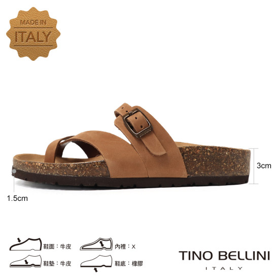 TINO BELLINI 貝里尼 歐洲進口 BIONATURA 腳床舒適鞋 真皮 撞色 飾扣造型 軟木軟底 夾腳拖鞋 FSQB004-9(駝色)
