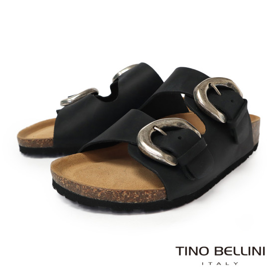 TINO BELLINI 貝里尼 歐洲進口 BIONATURA 腳床舒適鞋 真皮 雙飾扣造型 軟木軟底 拖鞋 FSQB008-1(黑色)
