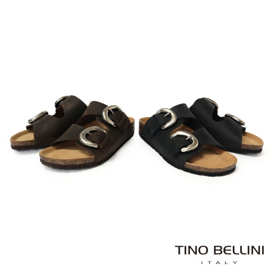 TINO BELLINI 貝里尼 歐洲進口 BIONATURA 腳床舒適鞋 真皮 雙飾扣造型 軟木軟底 拖鞋 FSQB008-6(咖色)