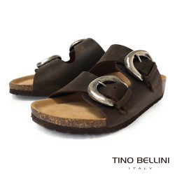 TINO BELLINI 貝里尼 歐洲進口 BIONATURA 腳床舒適鞋 真皮 雙飾扣造型 軟木軟底 拖鞋 FSQB008-6(咖色)