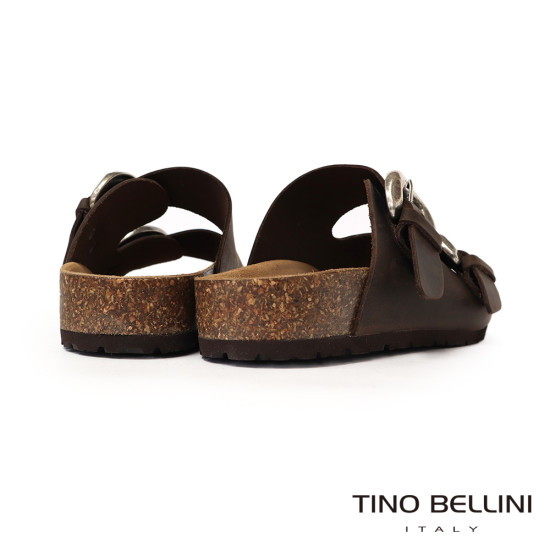 TINO BELLINI 貝里尼 歐洲進口 BIONATURA 腳床舒適鞋 真皮 雙飾扣造型 軟木軟底 拖鞋 FSQB008-6(咖色)
