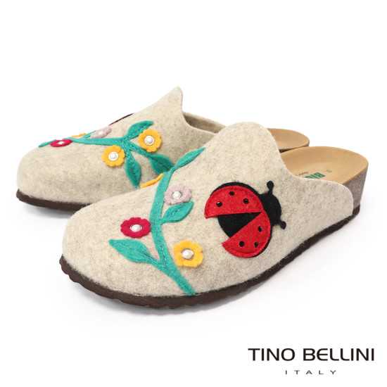 TINO BELLINI 貝里尼 歐洲進口 BIONATURA 腳床舒適鞋 羊毛氈 瓢蟲 軟木軟底 拖鞋 FZ4B003-3(米色)