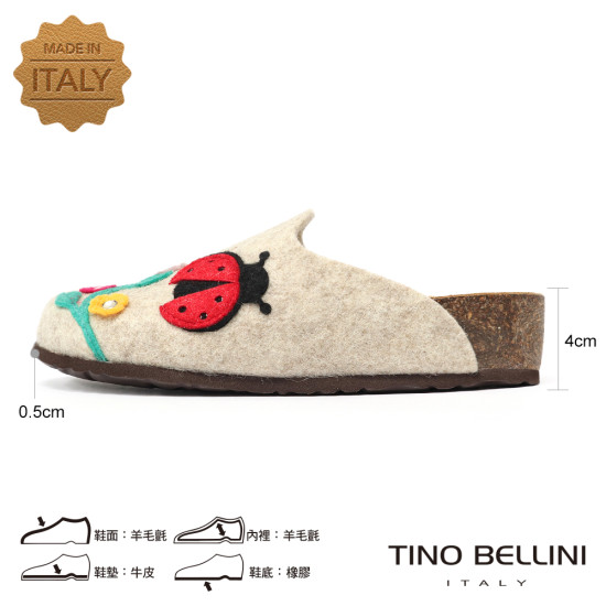 TINO BELLINI 貝里尼 歐洲進口 BIONATURA 腳床舒適鞋 羊毛氈 瓢蟲 軟木軟底 拖鞋 FZ4B003-3(米色)
