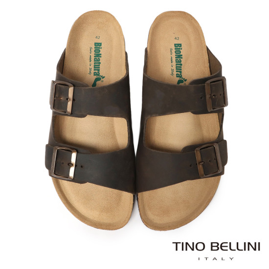 TINO BELLINI 貝里尼 歐洲進口 BIONATURA 腳床舒適鞋 男款 雙飾扣造型 軟木軟底 拖鞋 HM0B002A-6(咖色)
