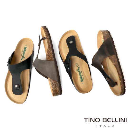 TINO BELLINI 貝里尼 歐洲進口 BIONATURA 腳床舒適鞋 男款 真皮 軟木軟底夾腳涼拖鞋 HM0B004-1(黑色)