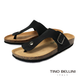 TINO BELLINI 貝里尼 歐洲進口 BIONATURA 腳床舒適鞋 男款 真皮 軟木軟底夾腳涼拖鞋 HM0B004-1(黑色)