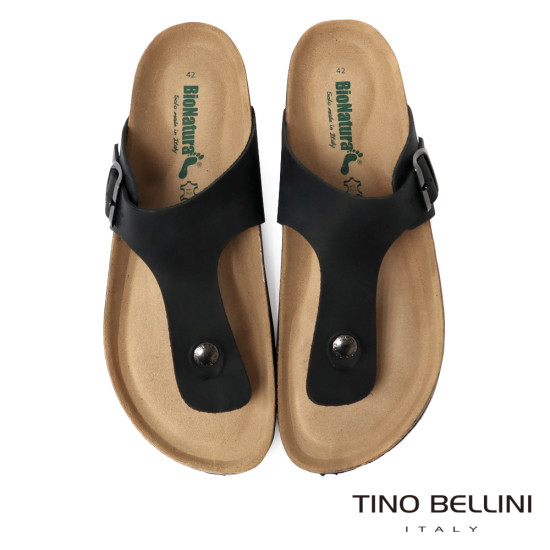 TINO BELLINI 貝里尼 歐洲進口 BIONATURA 腳床舒適鞋 男款 真皮 軟木軟底夾腳涼拖鞋 HM0B004-U(黑瘋)