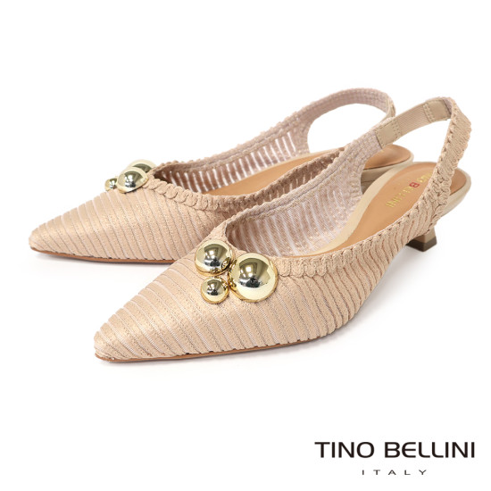 TINO BELLINI 貝里尼 巴西進口 氣質女神金色圓球飾釦尖頭低跟鞋FW1T013-3(米色)