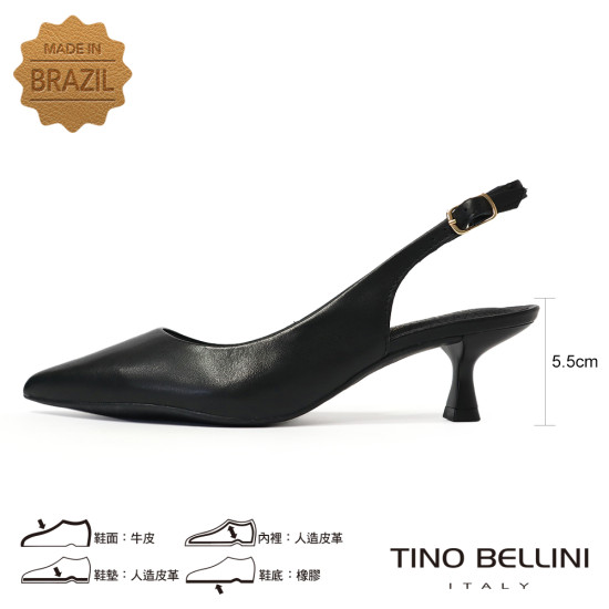 TINO BELLINI 貝里尼 巴西進口 極致簡約真皮尖頭小貓跟露跟鞋FW1V018-1(黑色)