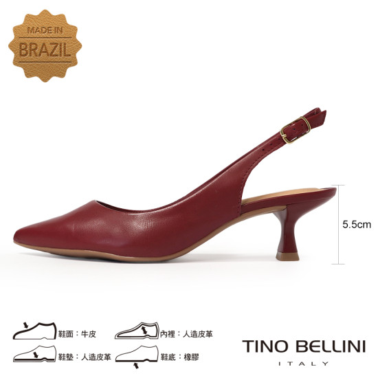 TINO BELLINI 貝里尼 巴西進口 極致簡約真皮尖頭小貓跟露跟鞋FW1V018-A(酒紅色)