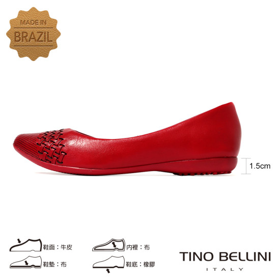 TINO BELLINI 貝里尼 巴西進口 真皮編織尖頭平底鞋FWBT041-2(紅色)