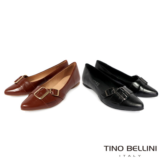 TINO BELLINI 貝里尼 巴西進口 經典復古金屬方扣尖頭平底鞋FWBV042-9(咖色)