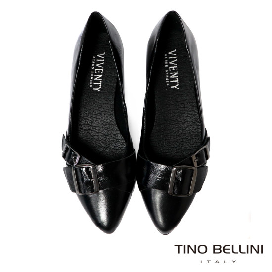TINO BELLINI 貝里尼 巴西進口 經典復古金屬方扣尖頭平底鞋FWBV042-1(黑色)