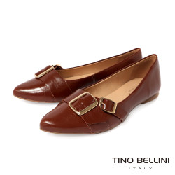 TINO BELLINI 貝里尼 巴西進口 經典復古金屬方扣尖頭平底鞋FWBV042-9(咖色)