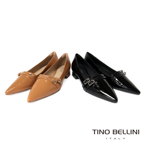 TINO BELLINI 貝里尼 巴西進口 經典魅力黑色漆皮尖頭低跟鞋FWCV044-9(駝色)